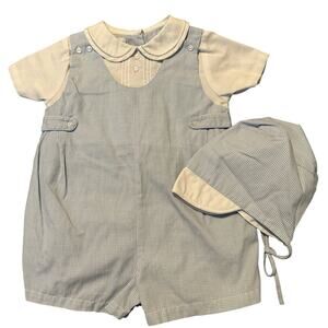 NWOT Petit Ami Blue Gingham Romper with Bonnet 9mo